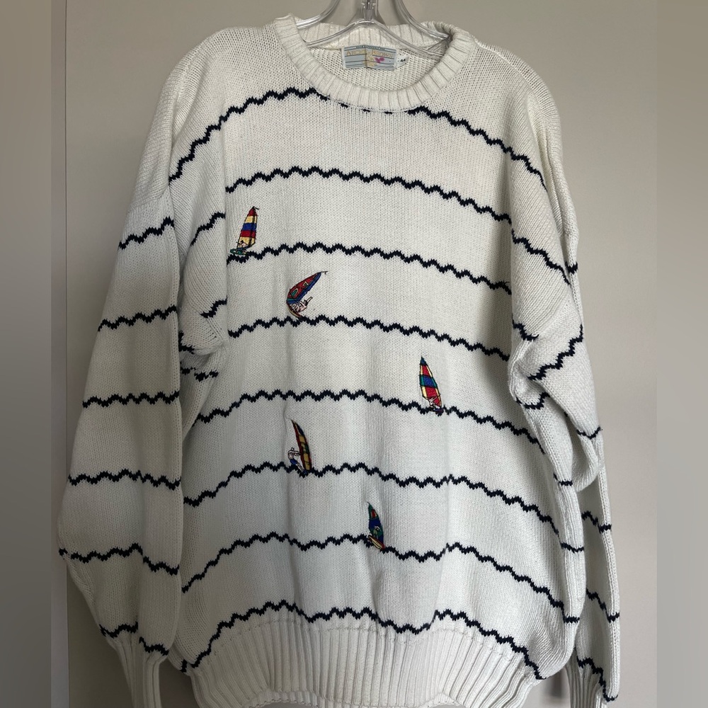 Vintage White Nautical Stripe Sweater with Sailboat Embroidery